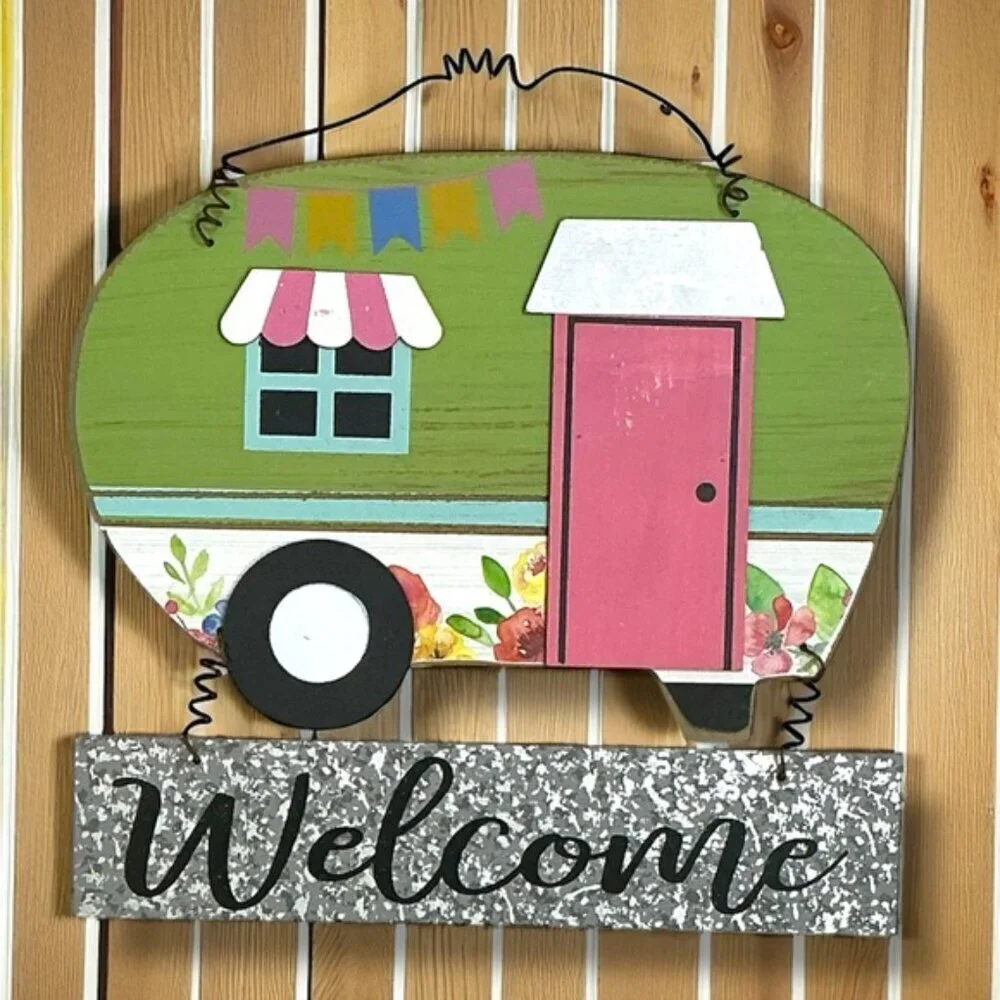 Camper Welcome Sign Colorful Wall Decor Retro Green Pink